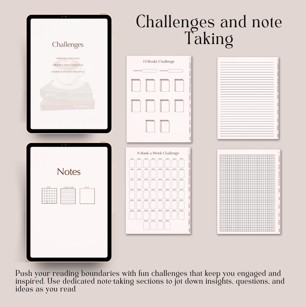 Collection of reading challenge and note-taking sheets on a beige background